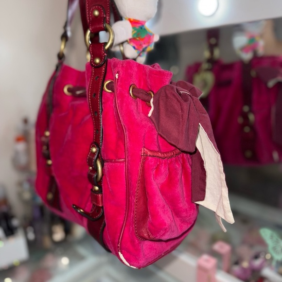 Vintage Juicy Couture Satchel Bag Hot pink Velour Embossed Y2K Hobo Shoulder bag - Picture 6 of 13